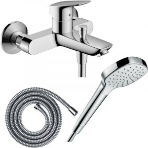 Hansgrohe Pack mitigeur bain douche mécanique Logis + Flexible Metaflex + Pommeau Croma Select E EcoSmart blanc/chromé