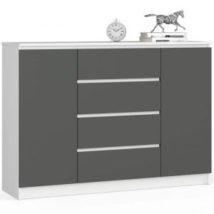 Commode Akord K140 Blanche 138 cm 2 portes 4 tiroirs façade Gris Graphite 4 étagères 138x40x99 cm