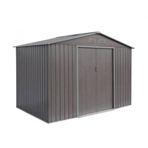 Abri de jardin en métal - ferrain 5,29m² bois grisé - Cabane à outils avec deux grandes portes coulissantes, kit de fixation sol inclus, maison de