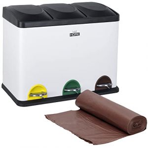 Pack poubelle de recyclage écologique 45 litres avec 3 compartiments avec un rouleau de 20 sacs poubelles de 20 litres, poubelles de recyclage