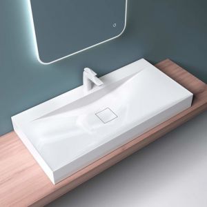 Mai & Mai Lavabo Suspendu Blanc 100x48x10cm Vasque à Poser Rectangulaire avec Perçage pour Robinet et Cache Bonde Col810-800