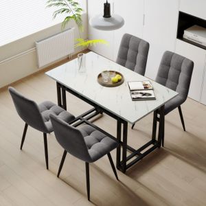 Ensemble table et chaises, placage marbre, mdf, table à manger 120x70x74cm, pieds noirs, 4 chaises en lin gris foncé