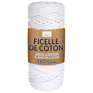 Creative Deco 5mm x 50m Corde Macramé Fil de Coton Blanc +/- 0,5mm Épaisseur Ficelle