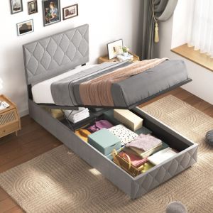 Lit coffre adulte 90x190 cm - T&ecirc;te de lit capitonn&eacute;e couture bouton - Sommier &agrave; lattes - gris - Sans matelas
