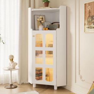 Colonne de salle de bain, Armoire haute, LED, Meuble de salle de bain avec 1 porte et 1 &eacute;tag&egrave;res ouverts, 63.5x45x124 cm, Blanc