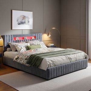 Lit coffre 140x190 cm, LED r&eacute;glable, hydraulique, moderne, cadre de lit 140x190 cm, velours, gris