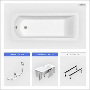 Baignoire rectangulaire - 150 x 70 cm - avec Habillage (4 cm) - Pieds - Vidage Chrome - SHEA SLIM