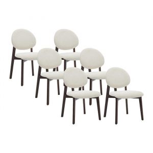 Lot de 6 chaises en tissu textur&eacute; et bois d'h&eacute;v&eacute;a naturel fonc&eacute; - Cr&egrave;me - MARLENI