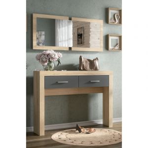 Pegane Buffet d'entree + miroir coloris chene cambrian, graphite - Longueur 115 x profondeur 26 x hauteur 85 cm -