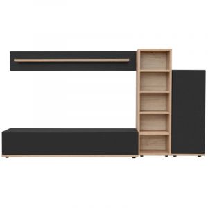 Composition murale RHYS &ndash; Meuble TV, colonnes et &eacute;tag&egrave;res &ndash; Ch&ecirc;ne Ribbeck et noir mat