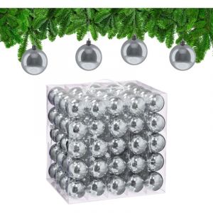 Relaxdays Boule de No&euml;l, lot pratique de 100, brillante, plastique robuste, pour le sapin, diam&egrave;tre : 6 cm, argent&eacute;e