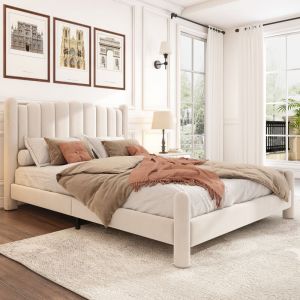 Lit adulte rembourr&eacute; en velours - 180x200 cm - avec sommier &agrave; lattes - Beige