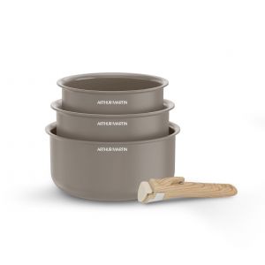 Arthur Martin Set de 3 casseroles - Tous feux dont induction - AM1122 - Céramique - Ø 16-18-20 cm + poignée amovible - Taupe