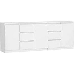 COSTI - Buffet long 3 portes + 6 tiroirs - 200x40x75 cm - Meuble de rangemnt salon salle à manger - Blanc mat