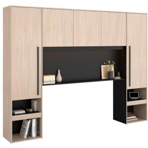 Pont de lit avec rangements - Avec LEDs - L265 cm - Coloris : Naturel et noir - VELONA