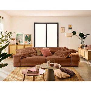 Lisa Design - Richie - canap&eacute; droit 3 places avec double m&eacute;ridienne - assise profonde - en fausse fourrure c&ocirc;tel&eacute;e - rouille