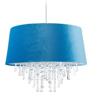 Relaxdays Lampe à suspension, luminaire, abat-jour aspect velours, HxD : 140x45,5 cm, cristaux, E27, salon, bleu