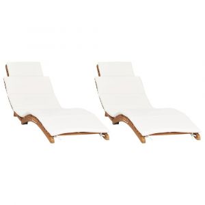 Lot de 2 transats chaise longue bain de soleil lit de jardin terrasse meuble d'extérieur avec coussins bois massif de teck 02_0012069