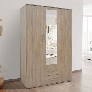 Mes Armoire 3 portes 2 tiroirs 1 miroir 120x52x185 cm d&eacute;cor ch&ecirc;ne