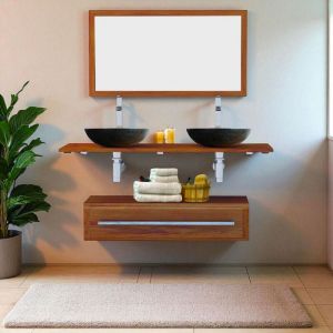 Ensemble meuble tiroir vasques et miroir salle de bain Eleganzia 130 cm en bois teck naturel Taille - Meuble + miroir sans vasque