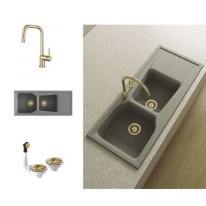 Pack Evier 2 bacs avec &eacute;gouttoir POALGI City Ash + mitigeur avec douchette + bonde or