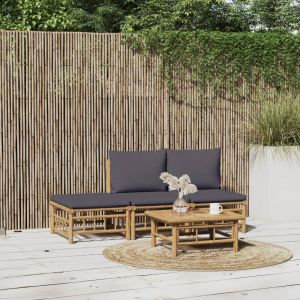 VidaXL Salon de jardin 4 pcs avec coussins gris foncé bambou - Brun