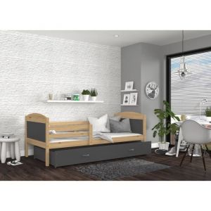 Lit Enfant Mateo 90x190 Pin Pin - gris Livré avec sommiers, tiroir et matelas en mousse de 7cm - Pin - gris