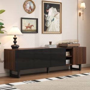 Meuble TV 180x38x50 cm - Avec 4 portes - Aspect bois - Portes &agrave; haute brillance - MDF + panneaux de particules - Naturel + noir