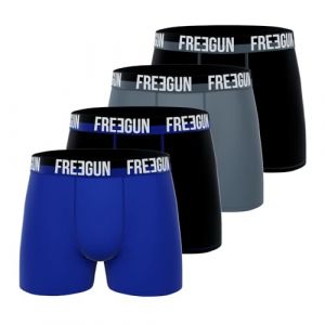 Freegun Boxer Homme Coton, Caleçon Homme, Stretch & Doux (Lot de 4), Bleu, Noir, Gris, Taille XL