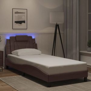 Image de VidaXL Cadre de Lit avec Lumi&egrave;res LED, Lit Rembourr&eacute; avec Coussin, Lit Simple, Lit Adulte Chambre, Moderne, Marron 90x200 cm Similicuir