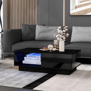 Table basse contemporaine avec led, Table à café pour salon ou bureau, Niche de rangement, Finition laqué noir, 99x55x32cm