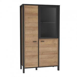 Vitrine 152 cm 3 portes décor bois chêne et noir avec poignées - MODE