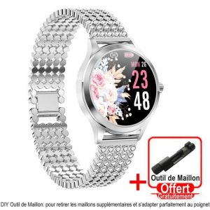 Montre Connect&eacute;e Femme Ronde Bracelet Alliage Diamant&eacute; avec Str Scintillant Smartwatch Sport &Eacute;tanc IP68 &Eacute;cran Tactile Argent