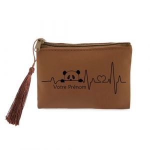 Porte monnaie et porte cles marron Taperso avec motif panda et fleur personnalisable