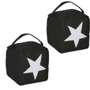 Relaxdays Butoir de Porte, Lot de 2, avec Anse, 18 x 15 x 15 cm, Motifs étoile, Tissu & Sable, Noir/Blanc