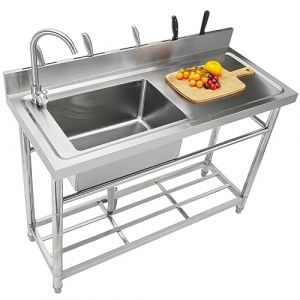 VEVOR Évier Cuisine Utilitaire Commercial en Acier Inoxydable, Petit Évier sur Pied Cuve Simple avec Établi Robinet Pieds, pour Garage, Restaurant, Blanchisserie, Cuisine, Salle de Bain 100x50x95 cm