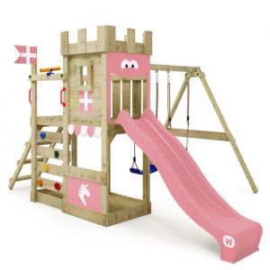 Wickey RoyalFlyer aire de jeu en bois avec balan&ccedil;oire et bac &agrave; sable en rose clair