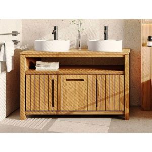Meuble de salle de bain en teck clair avec double vasque ronde - 120 cm - SARATOK
