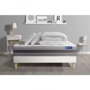 Image de Pack pr&ecirc;t &agrave; dormir matelas ACTIMEMO RELAX m&eacute;moire de forme 160x200 cm Maxi &eacute;paisseur + sommier KIT blanc + 2oreillers+couette