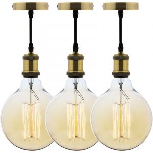 Image de Elexity Lot de 3 kits de suspension vintage avec câble textile et ampoules filament carbone Grand globe