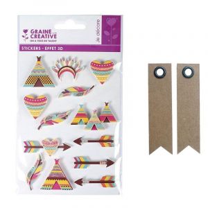 Graines Créatives 13 stickers 3D Indiens 5 cm + 20 étiquettes kraft Fanion