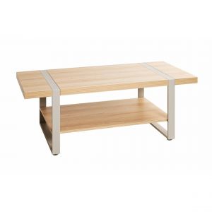 Table basse en tube d'acier peint par poudrage en gris cachemire, étagères en panneau de particules