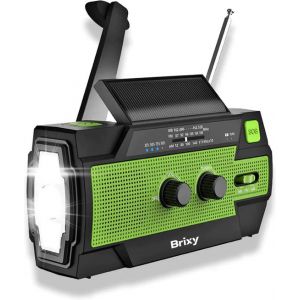 Radio d'urgence Brixy - Radio avec batterie pour les urgences - 4000 MAH - rembobinable - solaire - lampe de poche - powerbank - vert