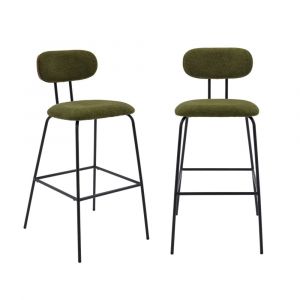 2 tabourets de bar d&eacute;cor bois courb&eacute; teint&eacute; noyer et tissu d&eacute;perlant kaki. pieds m&eacute;tal noir mat (lot de 2) - L 44 x P 51 x H 103cm - Erin