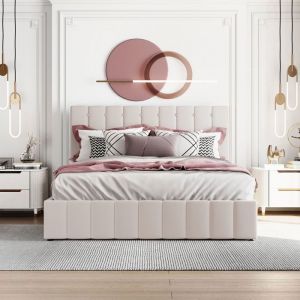 Lit coffre 140 x 190 avec sommier,Lit 140 x 190 avec rangement,t&ecirc;te de lit rembourr&eacute;e r&eacute;glable,velours,blanc cr&egrave;me