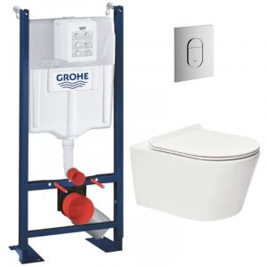 Grohe Pack WC Bâti autoportant + WC sans bride SAT Brevis + Abattant ultra-fin softclose + Plaque chrome (ProjectBrevis-8)