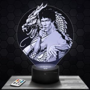 Lampe 3D - Bruce Lee - Accessoire Merch Cadeau Bruce Lee - Veilleuse Led Tactile avec socle au choix et télécommande
