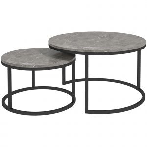 Homcom Lot de 2 tables basses rondes gigogne empilables piètement acier noir plateau aspect marbre gris