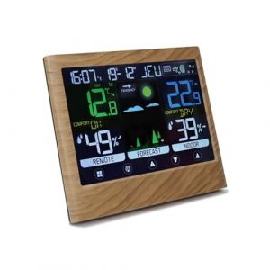 Mooov 477534 Station Météo intérieur avec capteur extérieur - Temperature, Taux Humidité, Phases Lune, Prévisions Meteo - Fonction Réveil - Effet Bois - Marron