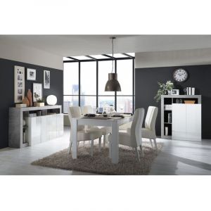S&eacute;jour Complet Table + Buffet 4P Blanc Laqu&eacute; Niches Aspect Cimento - ARTURO - ALTOBUY